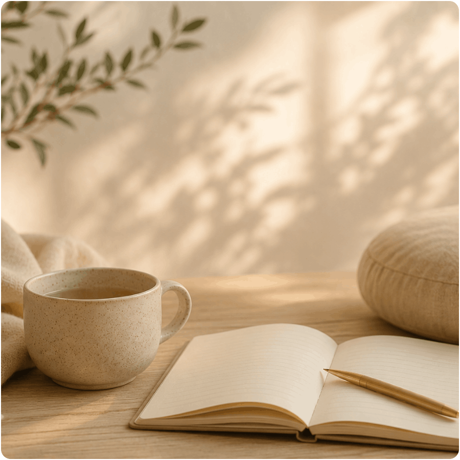 Cozy journal and warm tea in a sunlit room, creating a peaceful space for reflection, rest, and mindfulness.
