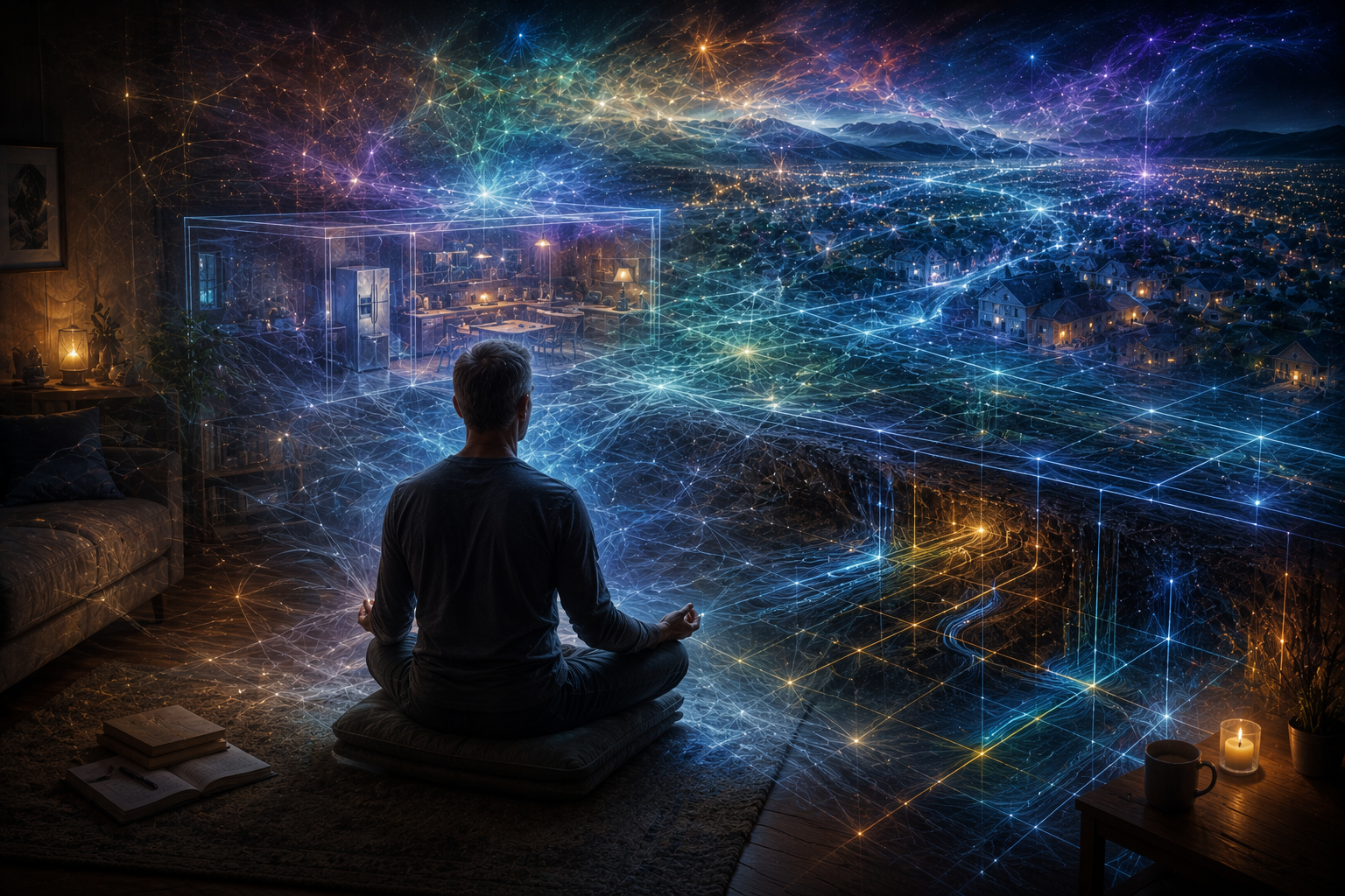 A meditative scene with luminous energy grids and subtle patterns