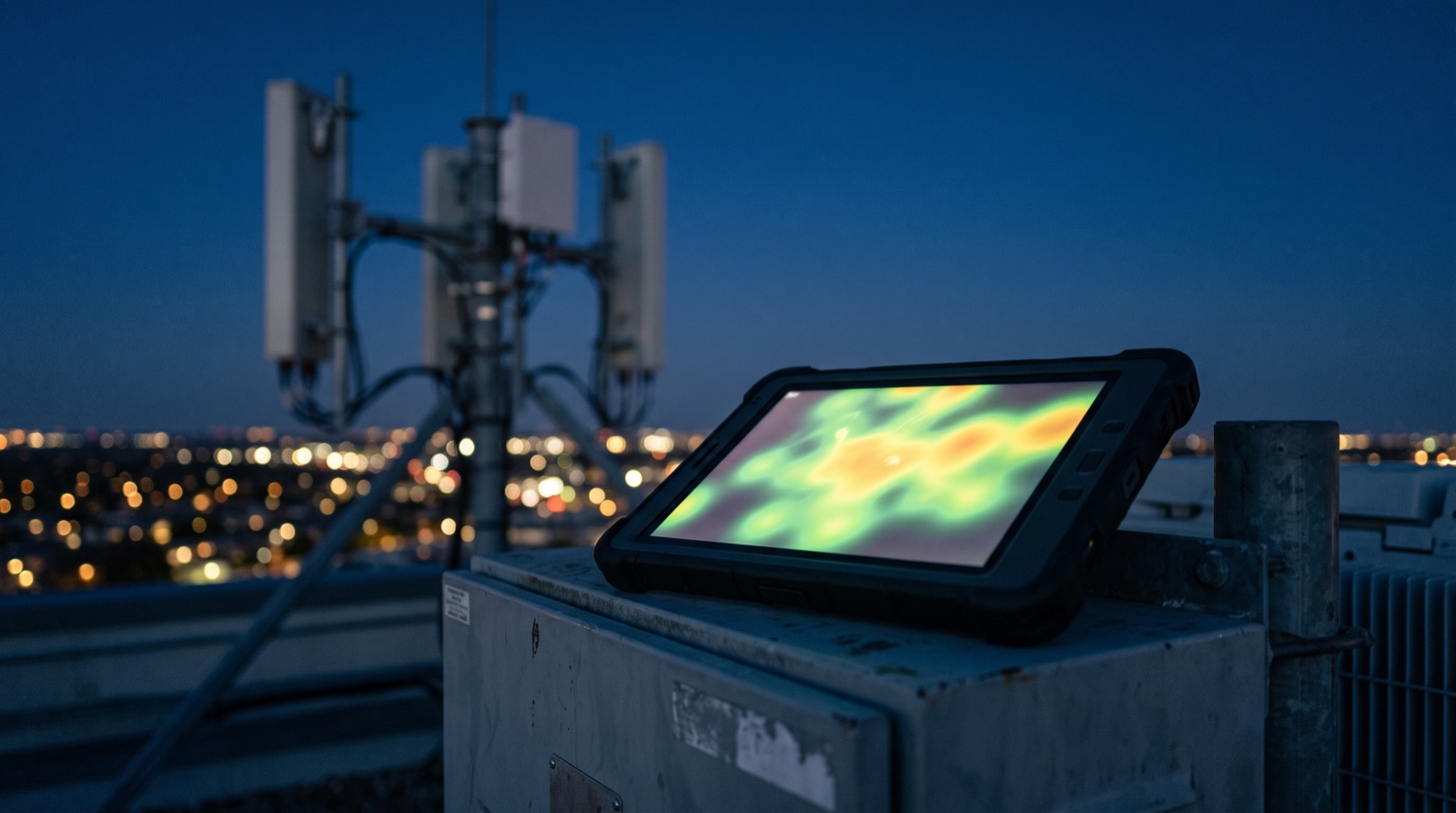 A field engineer's tablet at a 5G rooftop cell site at dusk