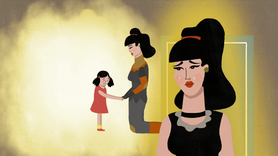 Client comforting a younger sad part of herself with compassion