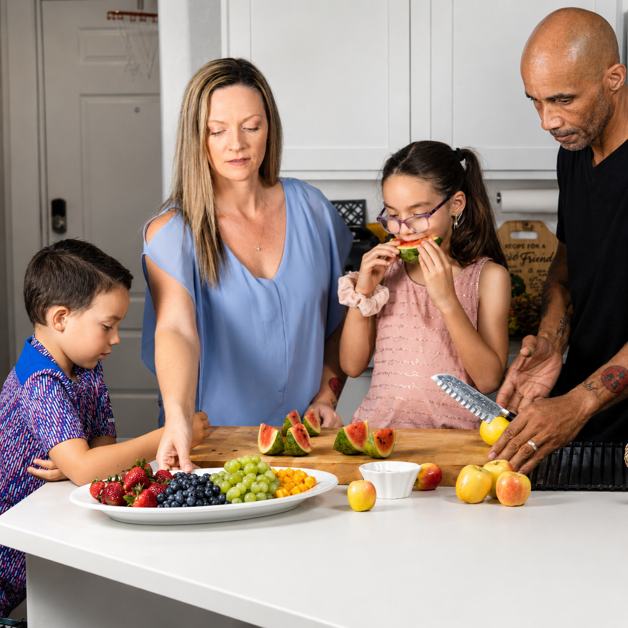 Family eating a healthy snack.