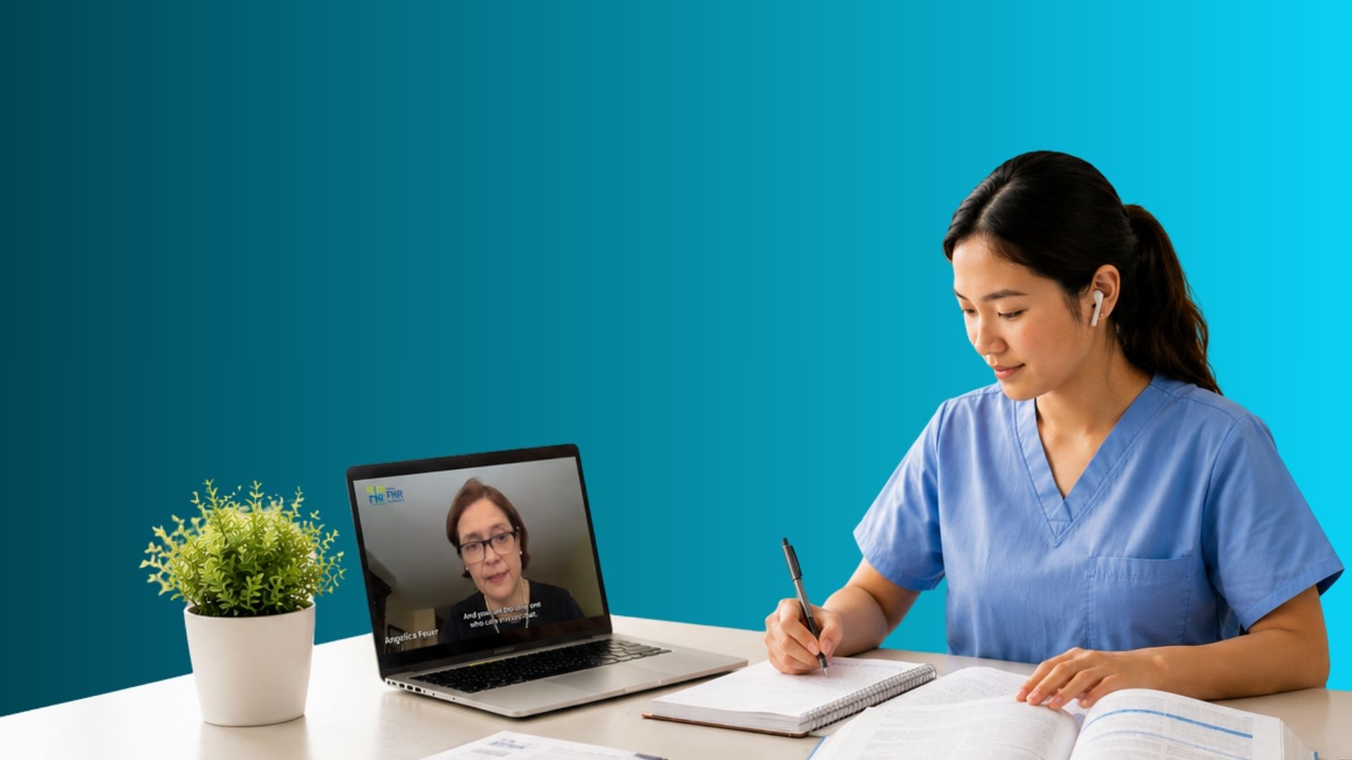 Student nurse studying for the NCLEX-LPN exam using Feuer Nursing Reviews self-paced online course, taking notes while attending a virtual nursing review class on a laptop.
