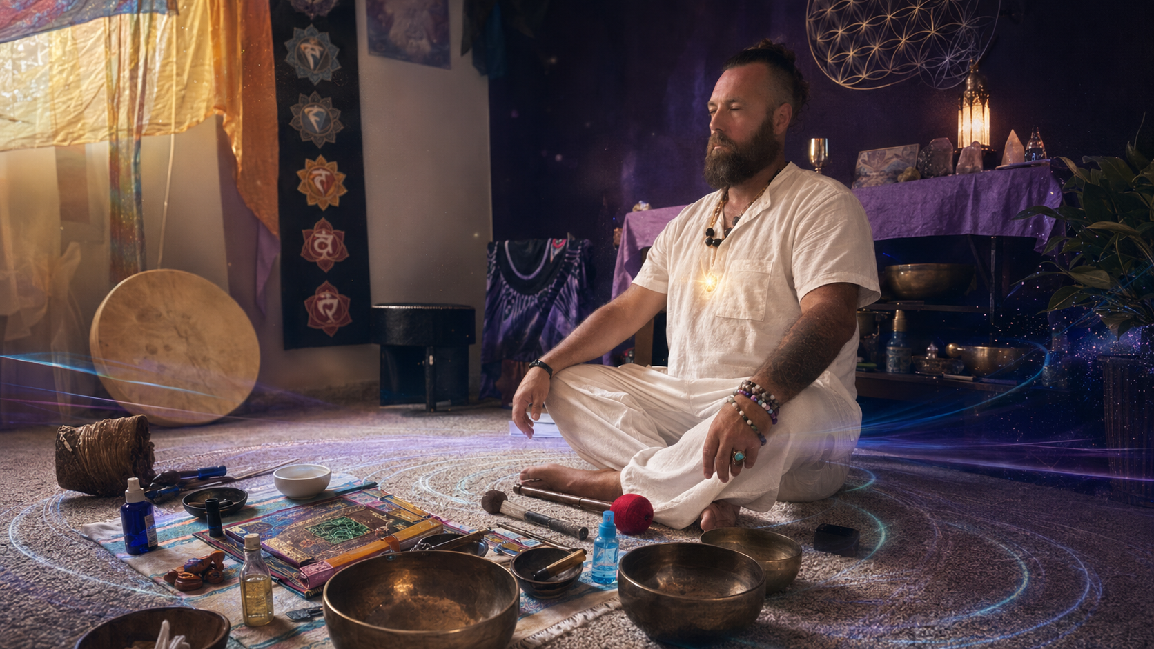 Facilitator sitting among sound bath instruments, preparing sacred space before a session