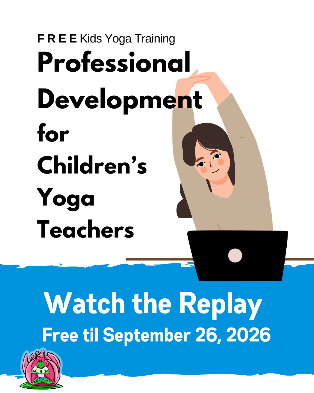 Decorative text with an image of 3 skeletons doing yoga poses and decorative text.