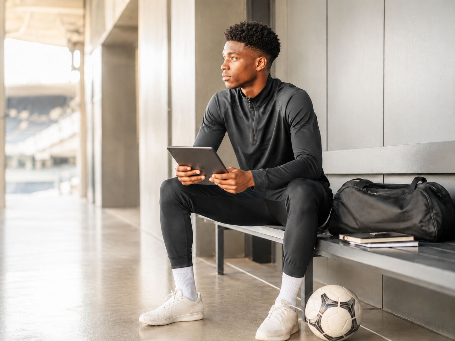 Student-athlete seated in a modern sports facility holding a tablet, with a soccer ball and sports bag nearby