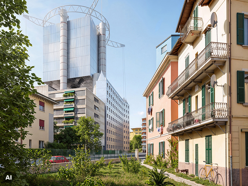 AI-refined street scene with a metal-clad tower, residential balconies and dense planting.