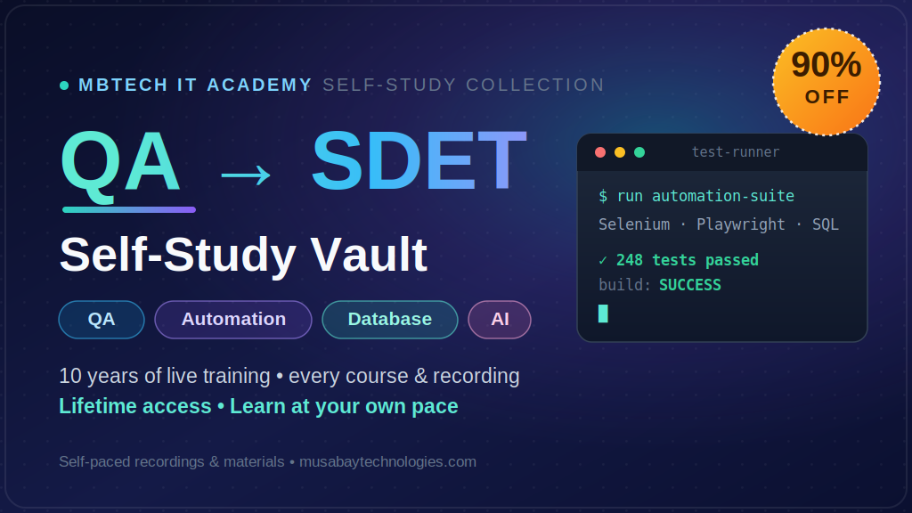 Product image for Complete QA to SDET Self-Study Vault — QA, Automation, Database, Selenium, Playwright, AI