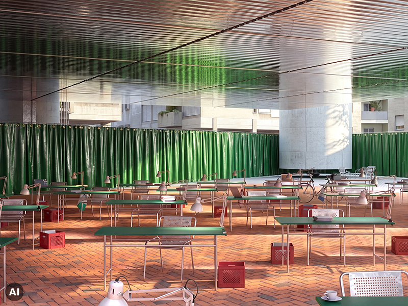 AI-refined architectural visualization of a library study hall with green tarp curtains, brick flooring and a reflective ceiling.