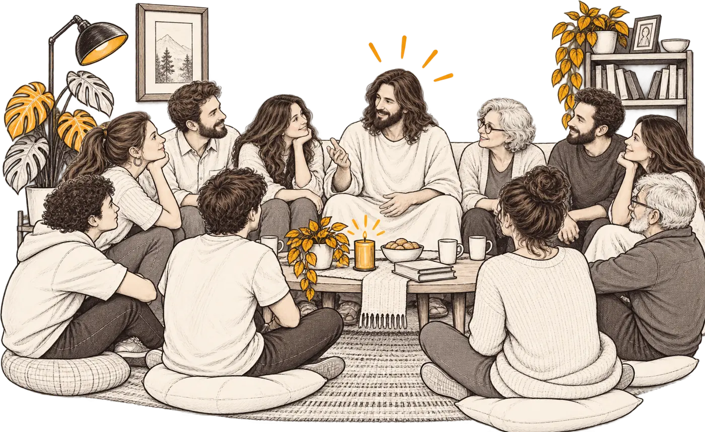Un grupo de amigos reunidos en torno a Jesús, conversando en comunidad