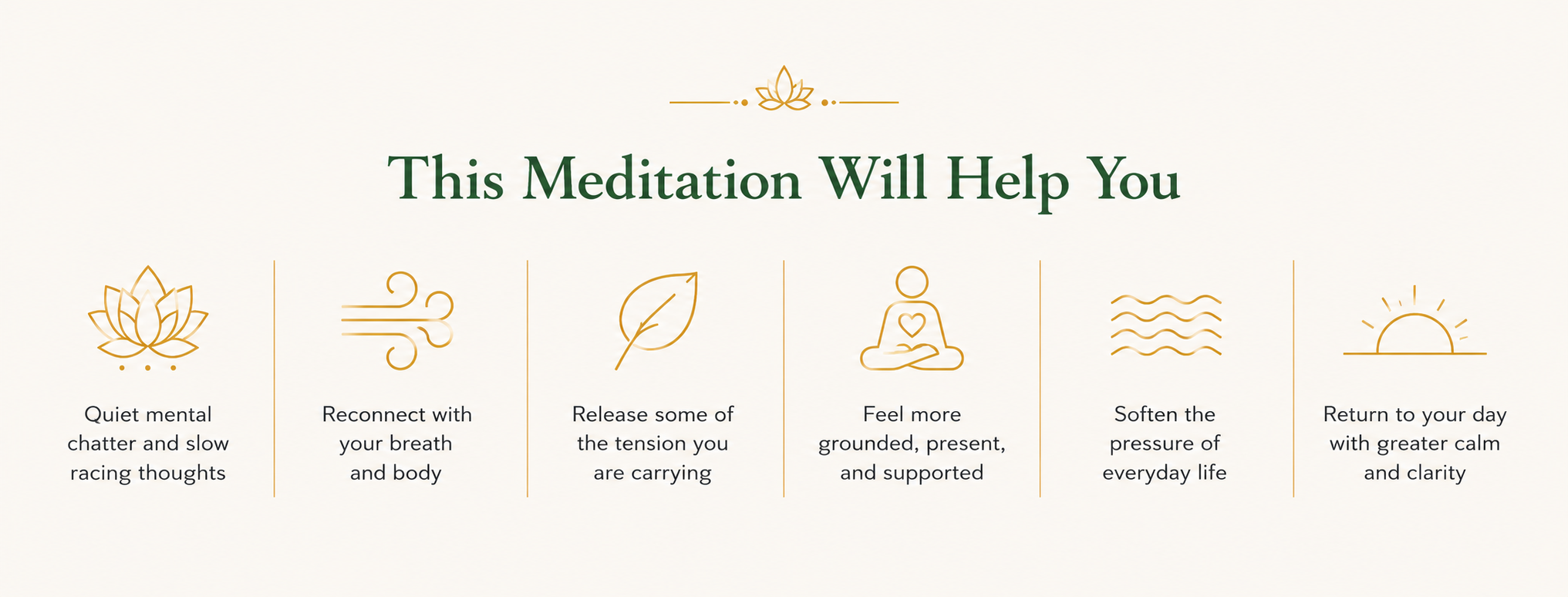 Illustration showing the benefits of the Calm the Noise guided meditation, including calming racing thoughts, reconnecting with your breath, releasing tension, feeling grounded, softening everyday stress, and returning to your day with greater calm and clarity.