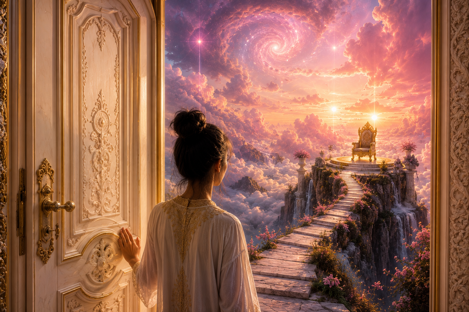 An ivory and gold doorway opening onto a pink cloudscape with a distant throne