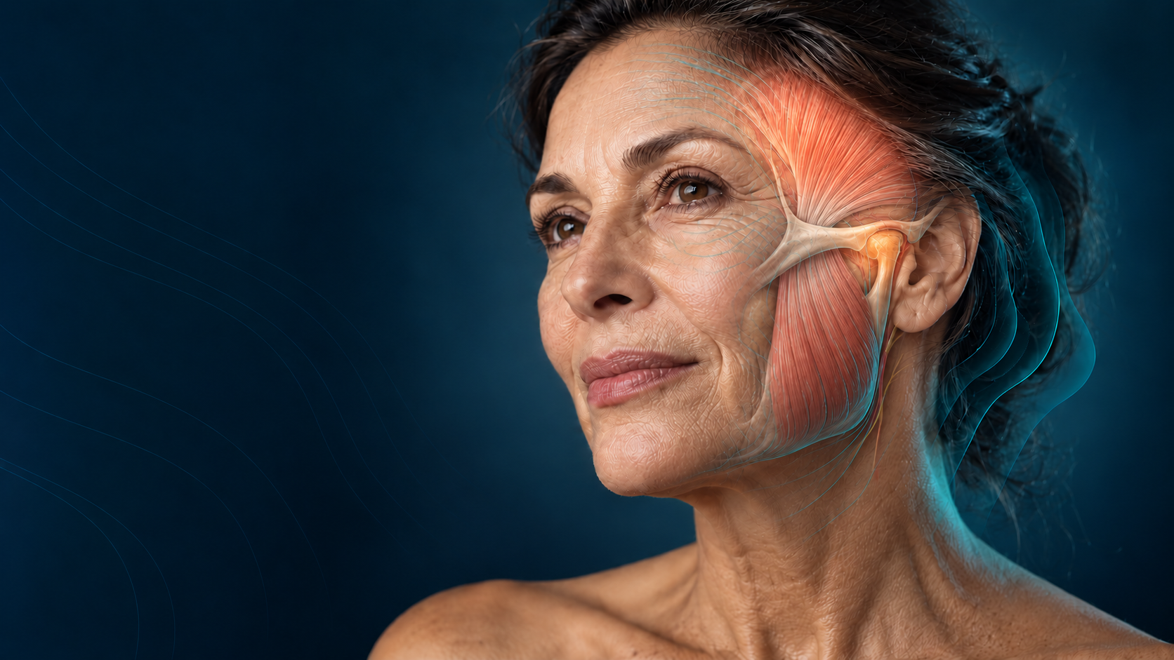 Illustrative TMJ and temple anatomy with soft pain-region highlights on a mature woman