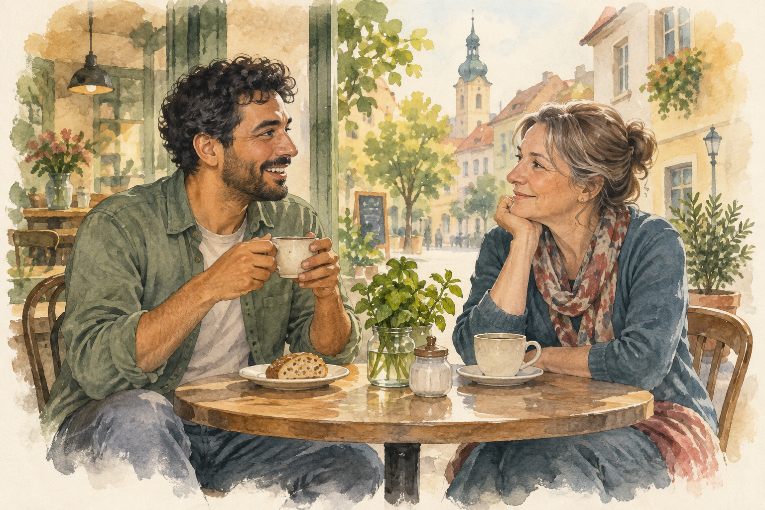 Watercolour illustration of two adults sharing an everyday conversation at a neighbourhood café