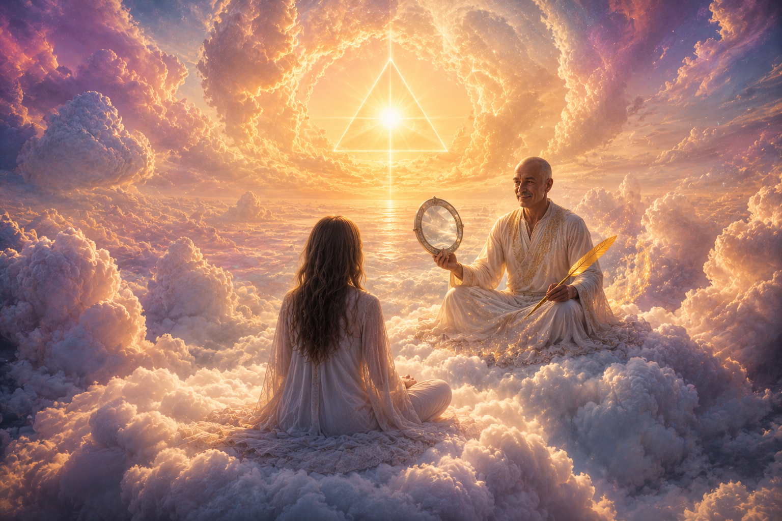 A celestial cloudscape with golden light, mirror symbolism and a triangle