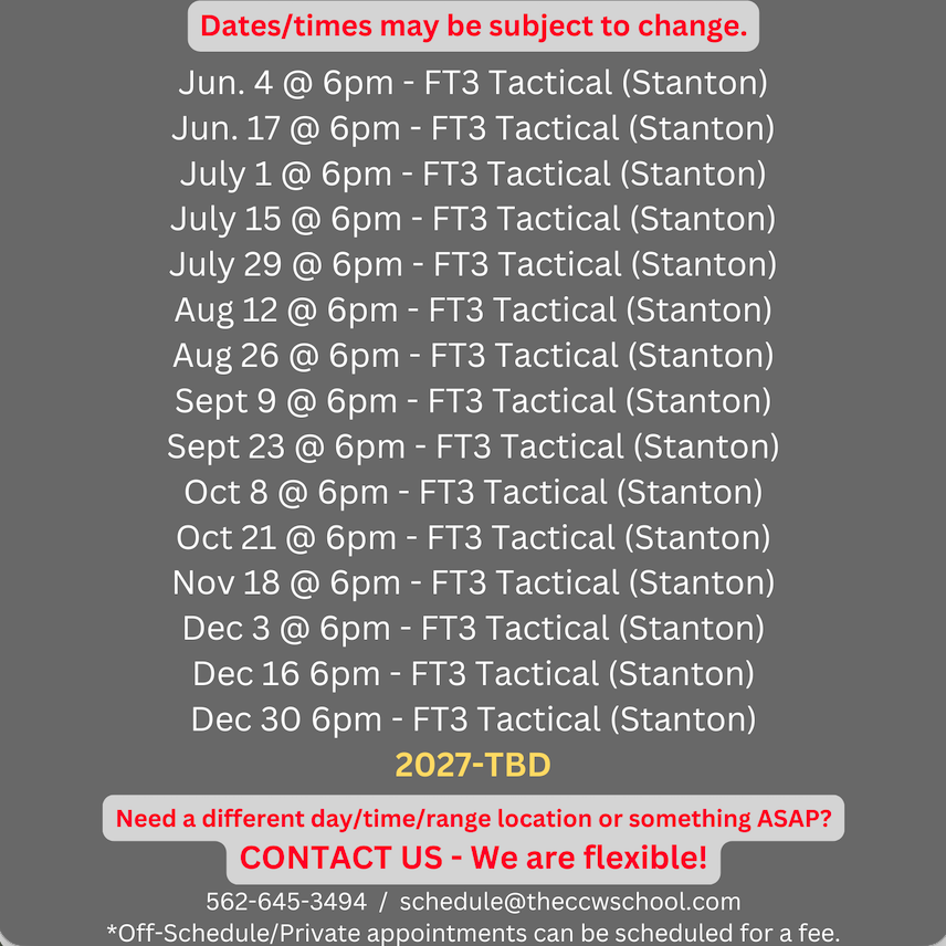 Dates for CCW Training Courses - Live-Fire Training and Qualification, CCW ASAP, CCW Fast, CCW Last Minute, CCW Deadline