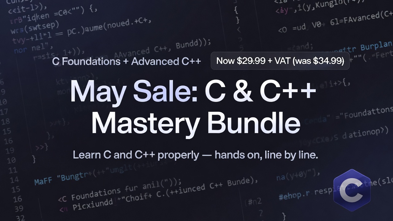 Dark background with text May Sale C  and C++ Mastery Bundle