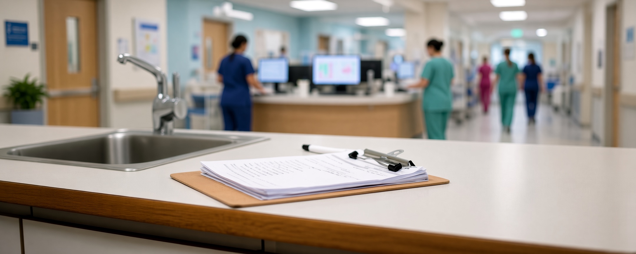Nurses preparing for shift report at a hospital nurses’ station