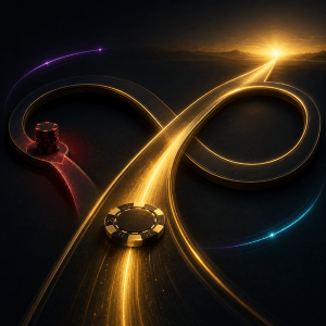 Golden infinite path surrounding a poker chip, representing long-term thinking in poker