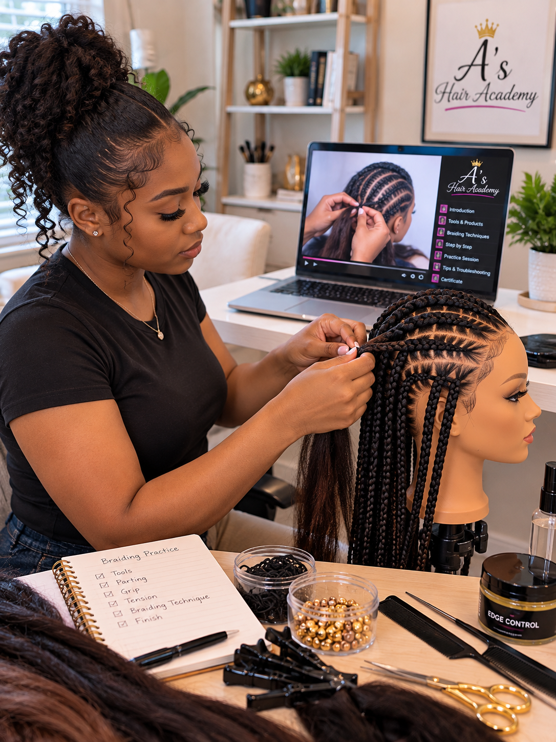 Young Black woman practicing braiding at home while watching an online braiding lesson on her laptop, working on a mannequin head with braiding tools and supplies on the table.