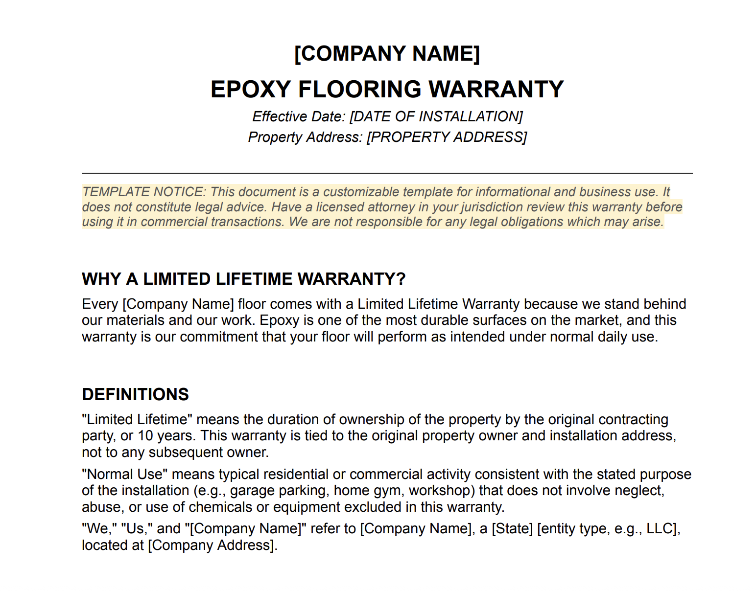 Product image for Epoxy Floor Warranty Template