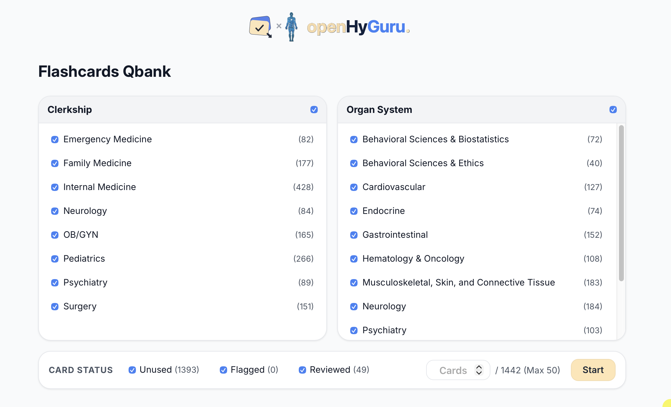 openHyGuru Flashcards Qbank filtered by clerkship and organ system