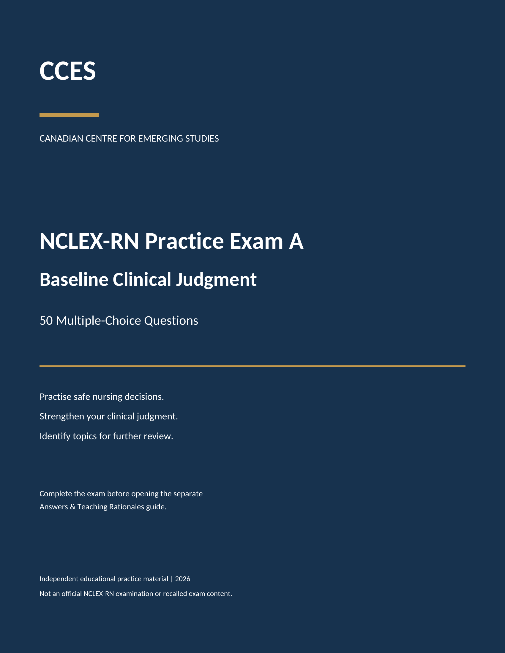 Product image for Canadian RN Practice Exam A — Baseline Clinical Judgment Canadian RN Exam Review 