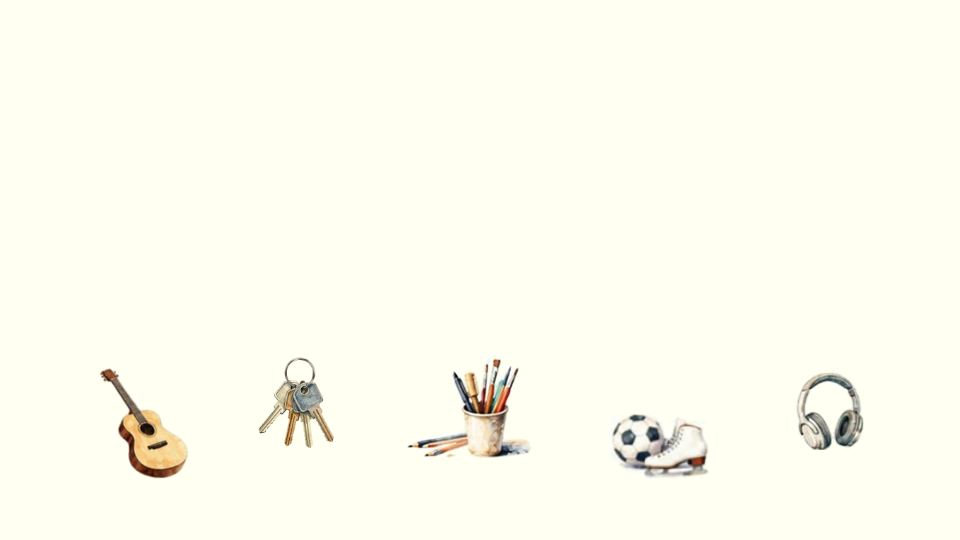 Watercolour illustrations of a guitar, keys, pencils, a football and headphones
