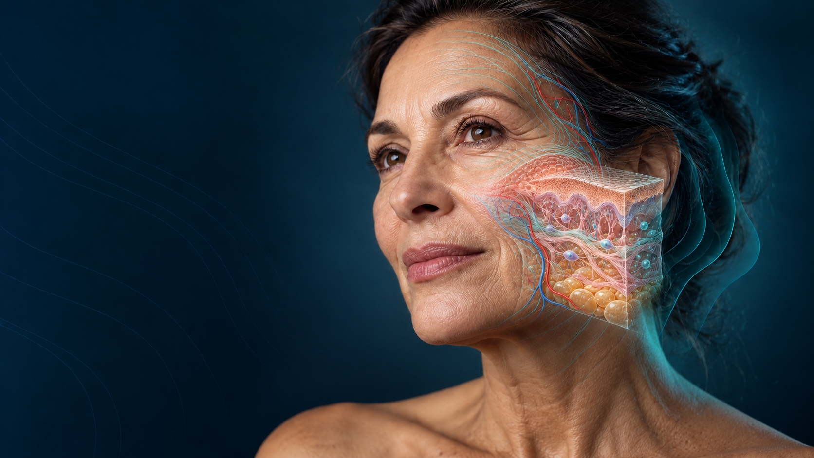 Illustrative skin-layer and dermal-fibre overlay on a mature face