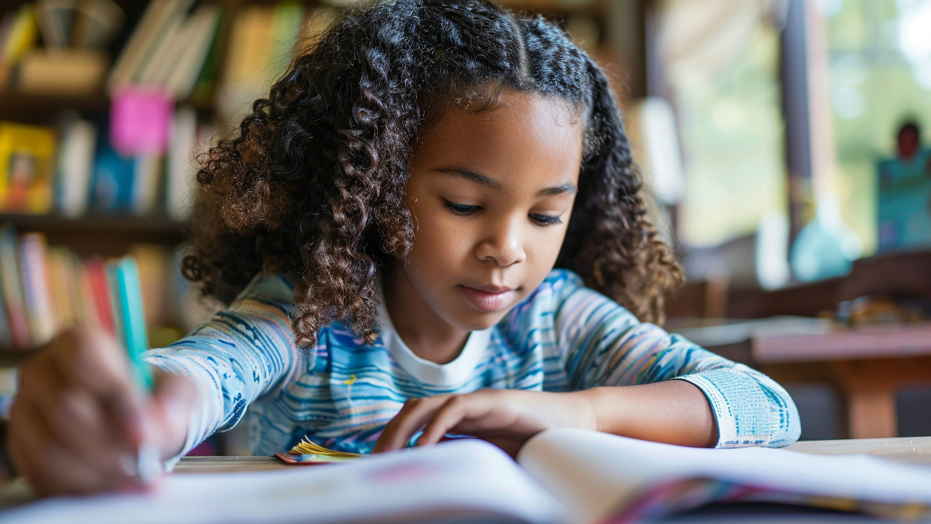 girl working on book in school, decorative