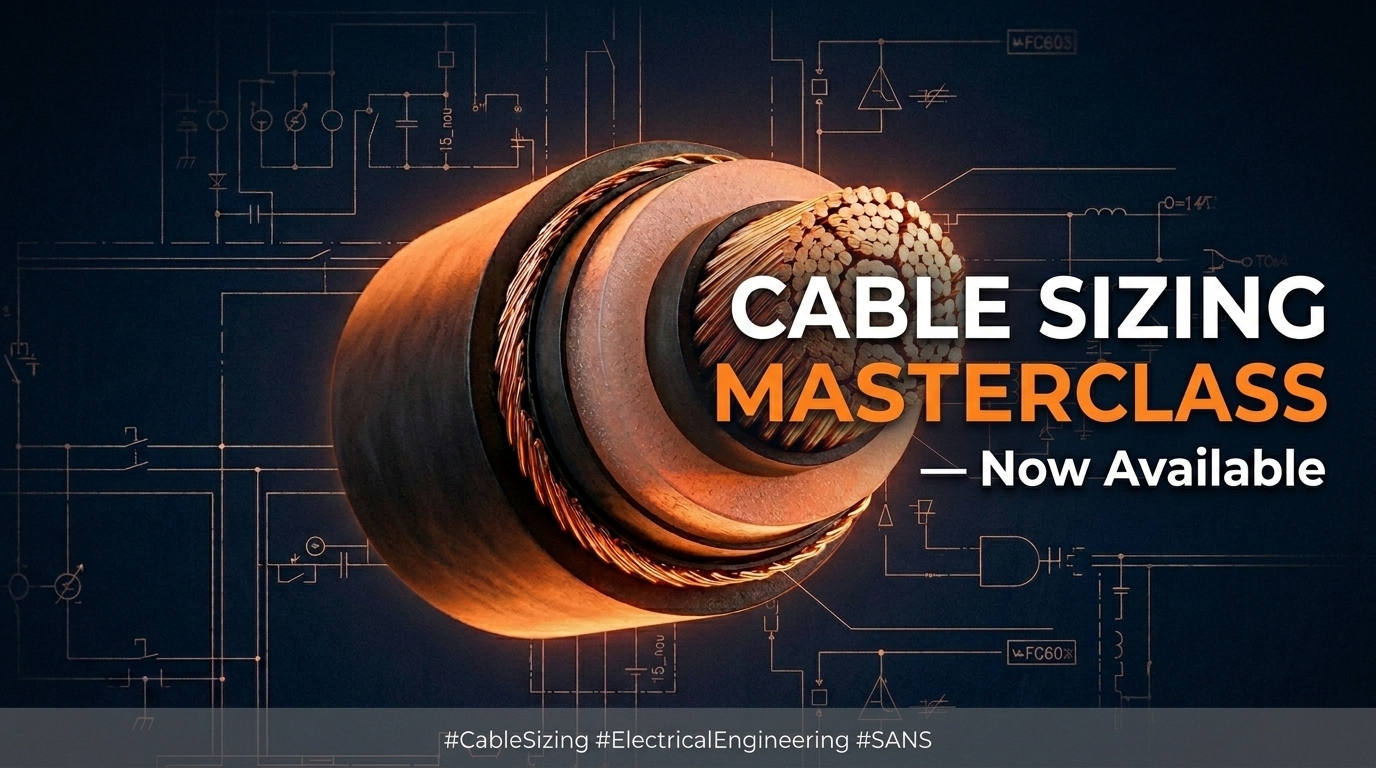 Learn cable sizing from first principles. 8 modules covering SANS 10142, IEC 60364, voltage drop, derating, motor cables, and professional documentation. From $99