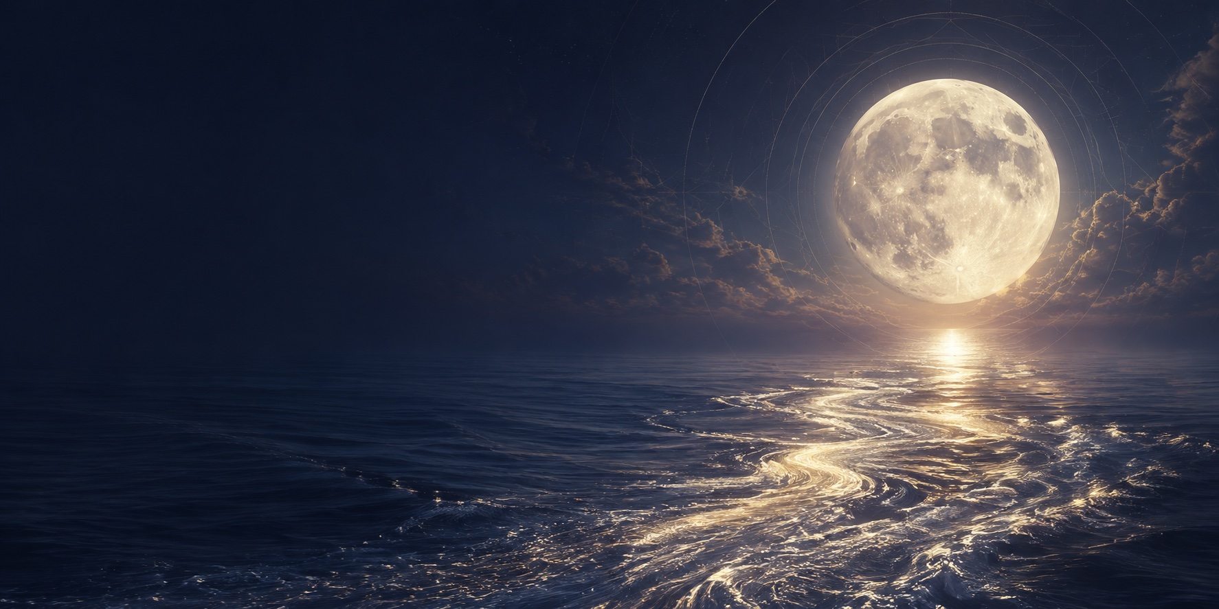 Luna sobre el océano con corrientes de energía brillando bajo el agua