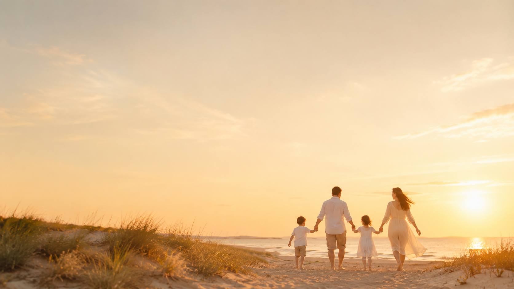 Parents and two children walking together along a beach at sunset.