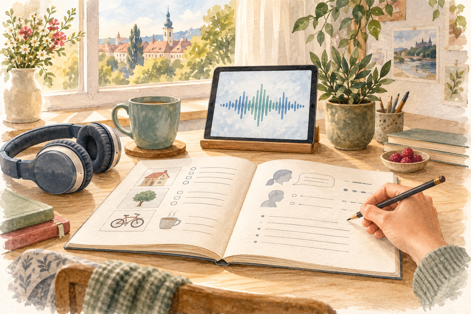 Watercolour illustration of listening and workbook practice in a sunlit learning corner