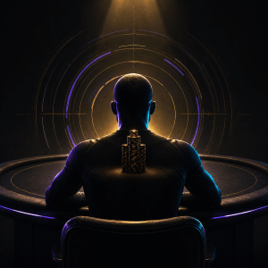 Elite poker player seated under a spotlight, representing a high-stakes Michael Jordan mindset