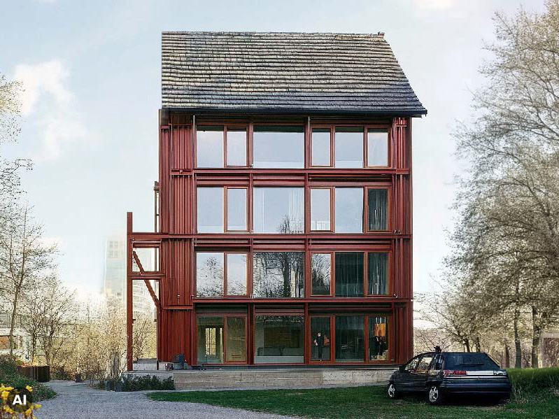 AI-generated red timber building with red corrugated steel facade .
