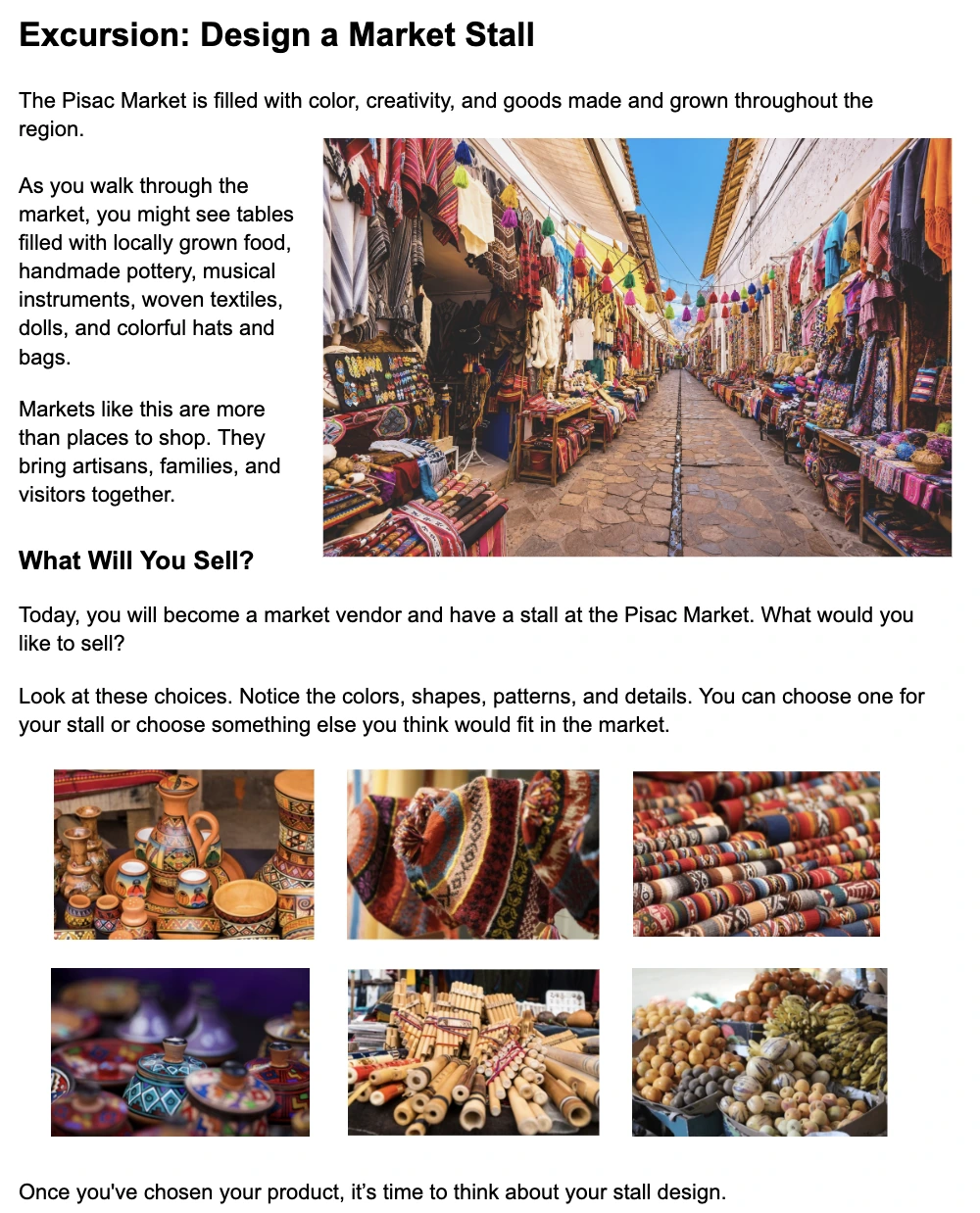 The MM2 Excursion page Design a Market Stall, with photos of the Pisac Market