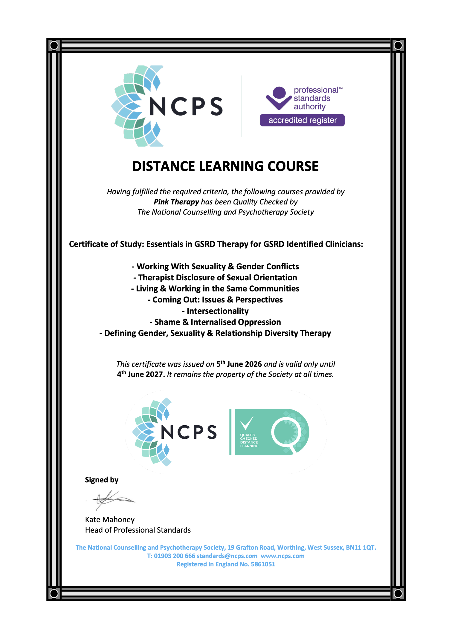NCPS Certificate Quality Checked Distance Learning