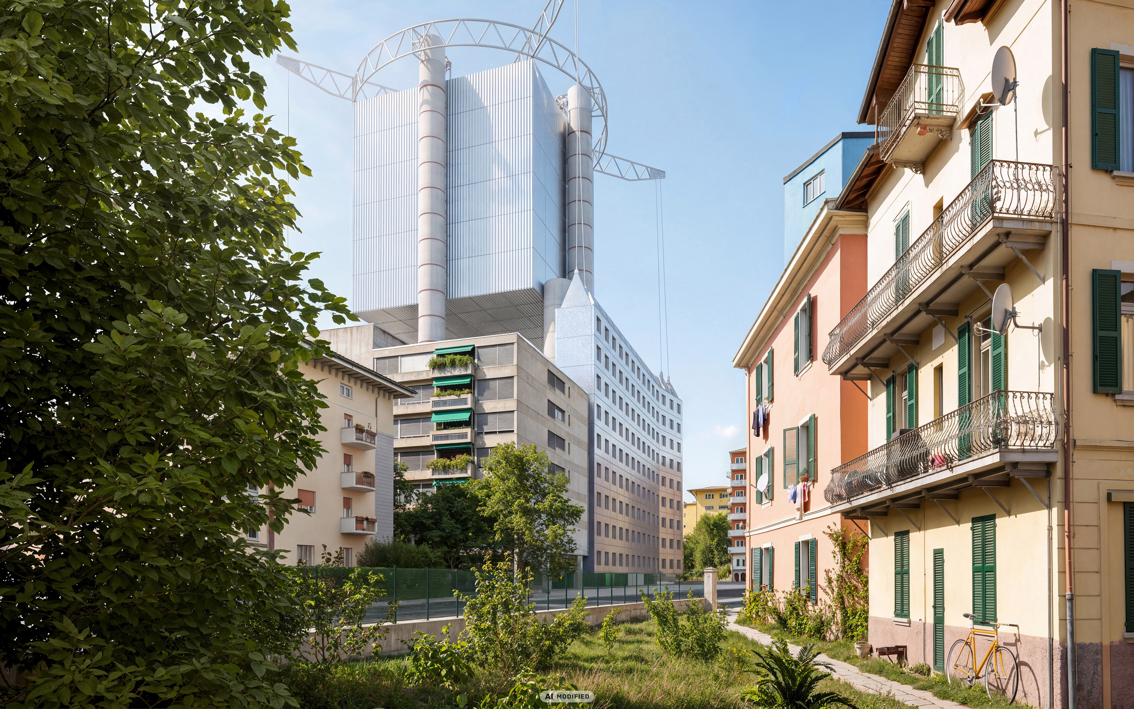 AI-refined architectural visualization of a metal-clad tower rising behind residential buildings and an overgrown courtyard.