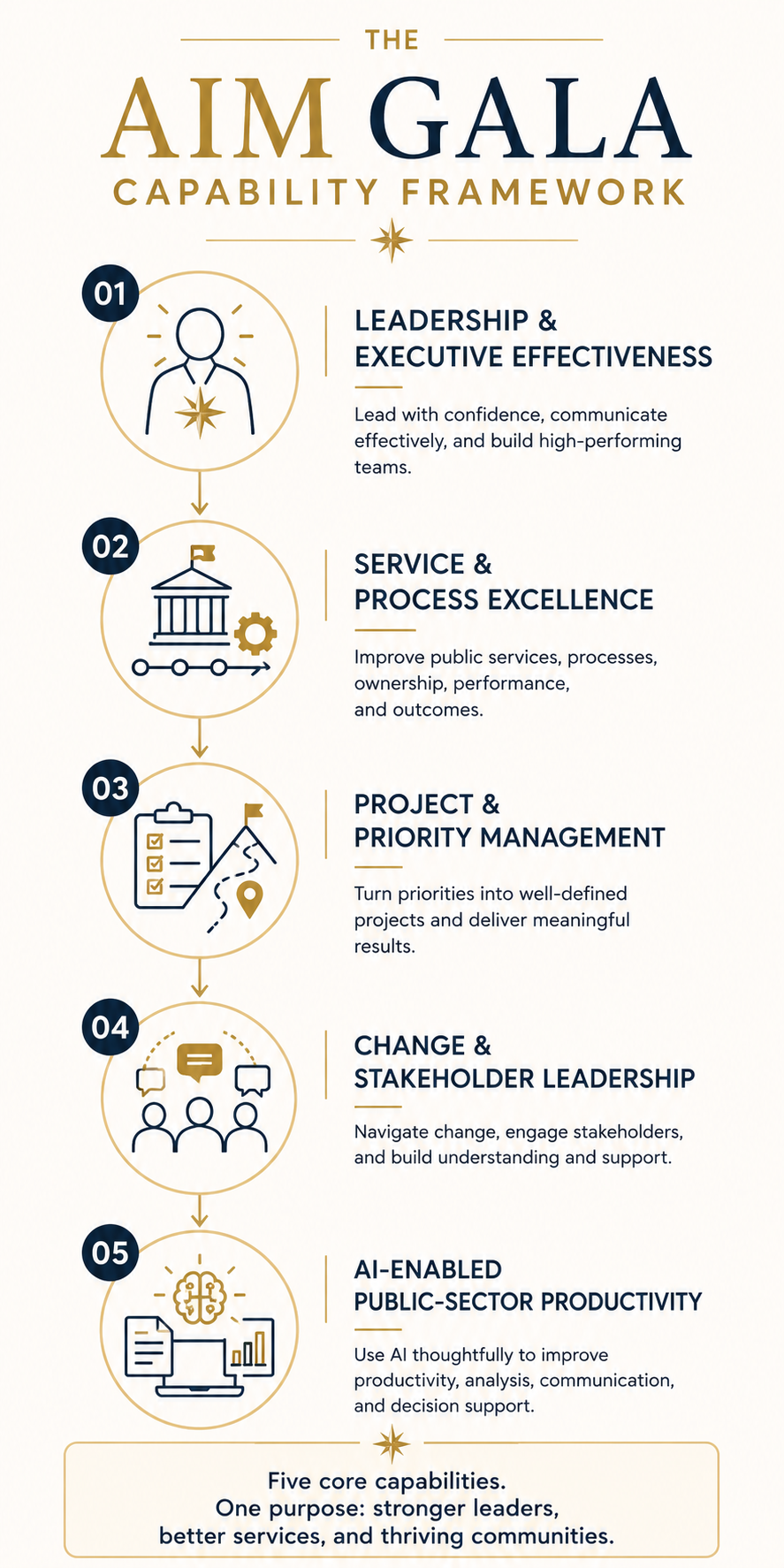 AIM GALA Capability Framework: Leadership  Executive Effectiveness, Service  Process Excellence, Project  Priority Management, Change  Stakeholder Leadership, and AI-Enabled Public-Sector Productivity
