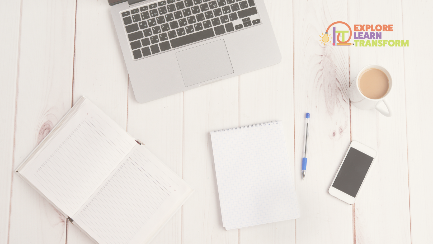 In large text the words EXPLORE LEARN TRANSFORM with subtitles that say making professional development personal and resources, recommendation, guided reflections, personal learning network, online courses, coaching and more!