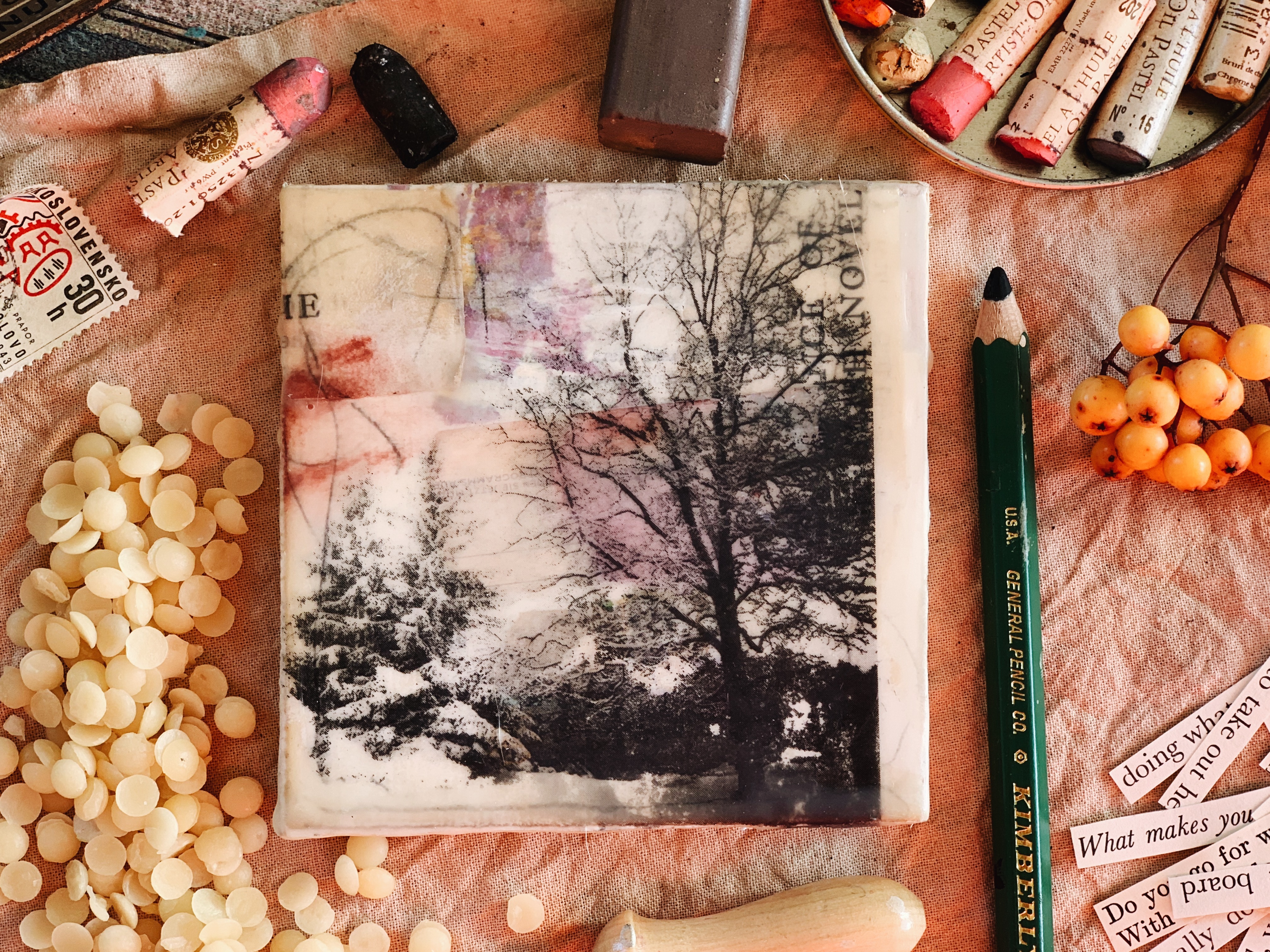 Black and white image transfer into encaustic wax